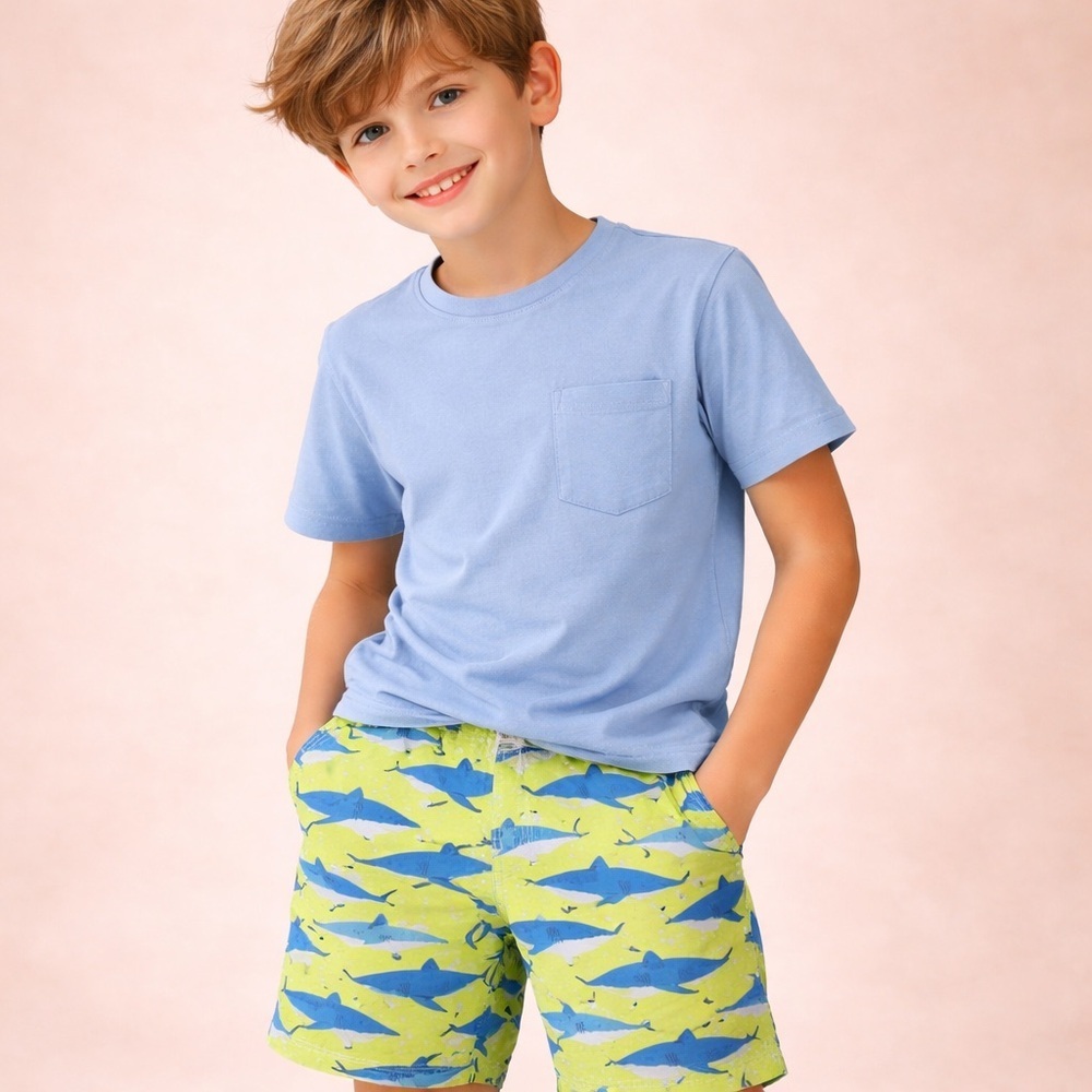 Shark Print Swim Trunks Kids Bright Neon Yellow Blue Size Large Summer Swimwear